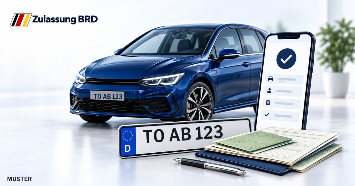 Online Fahrzeugzulassung in Torgau: Musterkennzeichen TO AB 123, Auto und Fahrzeugpapiere und Smartphone. Illustration mit Logo von Zulassung BRD.